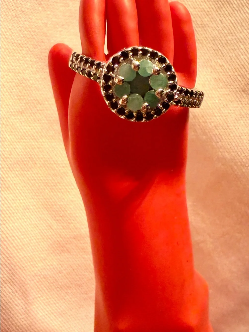 Genuine Emerald and Black Spinel .925 Sterling Silver ring, size 6.5-7